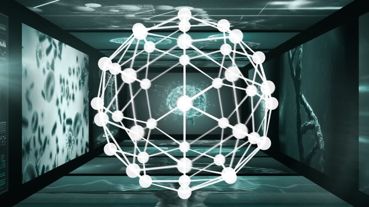 Animation of data processing and spots on black background