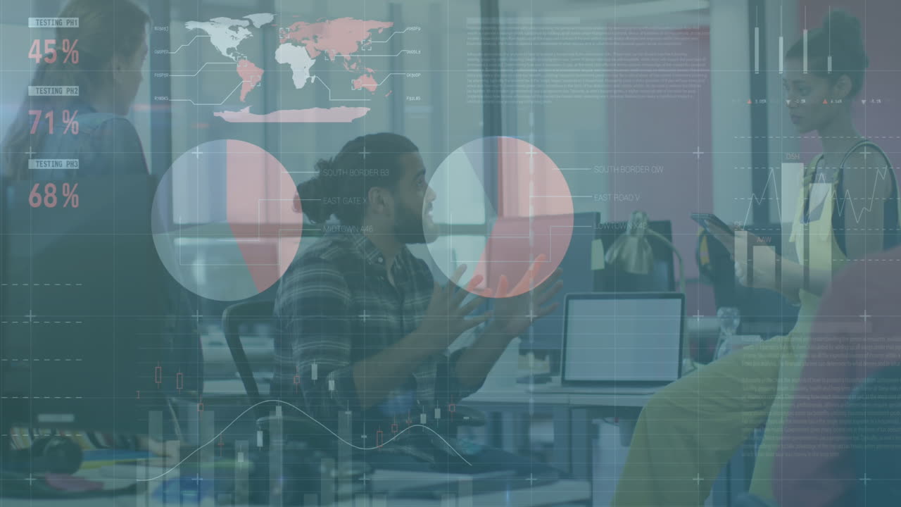 Animation of financial data processing over diverse business people