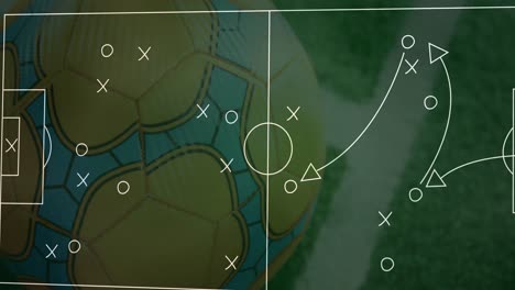 animation of white strategy of soccer game over multicolored soccer ball on grassy filed