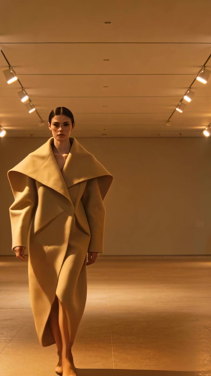 Video verticale: Inizio di una sfilata in passerella, modella che cammina verso la telecamera lungo una galleria, cappotto beige che si muove