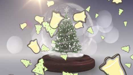 Multiple-christmas-tree-icons-falling-against-shooting-star-around-a-christmas-tree-in-a-snow-globe