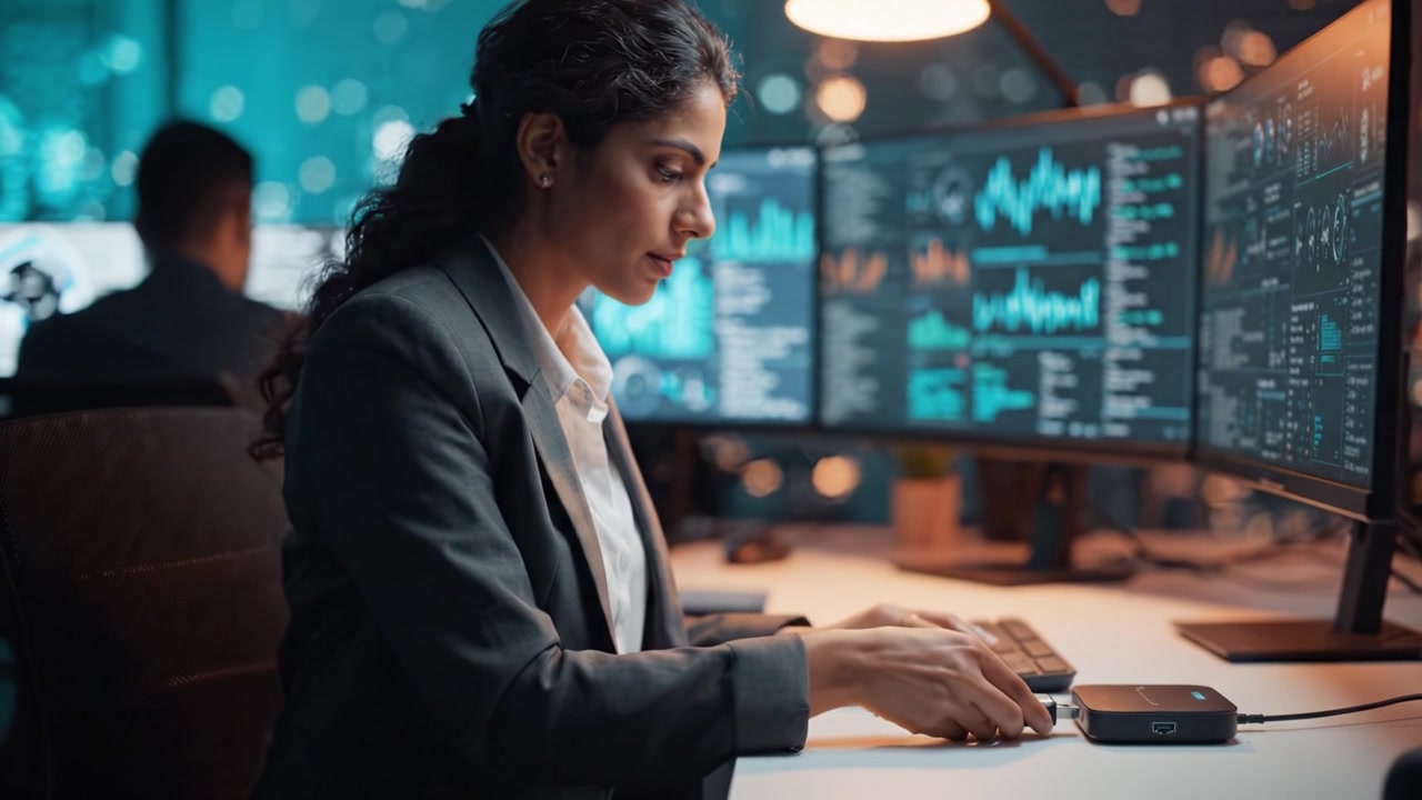 Focused Professional Analyzing Data on Multiple Monitors in a Modern Office Environment During Nighttime, Showcasing Advanced Technology and Analytical Skills