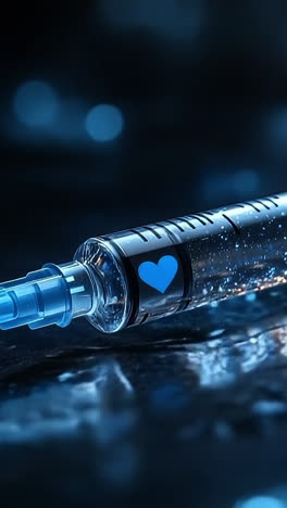 sparkling liquid in syringe. close-up of a syringe with sparkling liquid and heart design on a reflective surface with blue lights.
