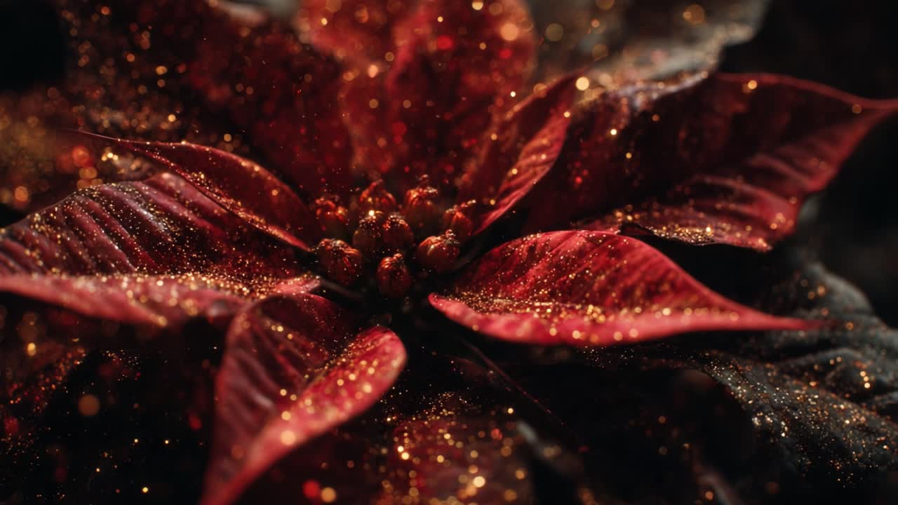 En fantastisk makrovisning av en glitrende rød julestjerneblomst, som fanger inn detaljene i dens kronblader og omgivelser badet i glitrende lys