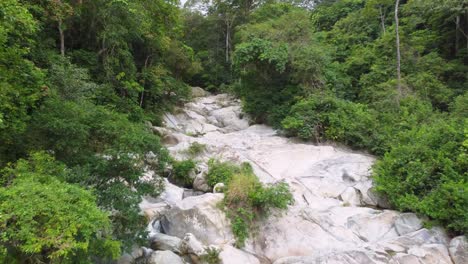 flying over white rocks where a small clear creek flows through the forest