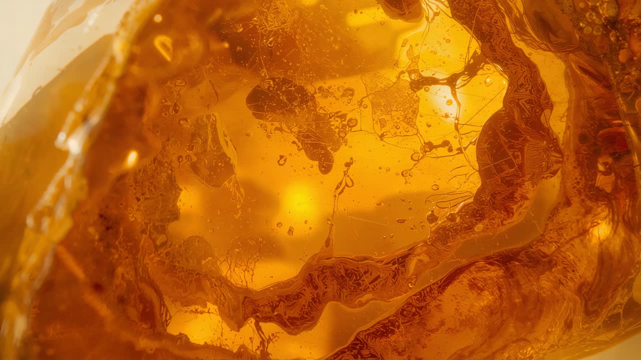 Moving camera revealing deeper amber structure at tabletop macro to reveal filaments and bubbles