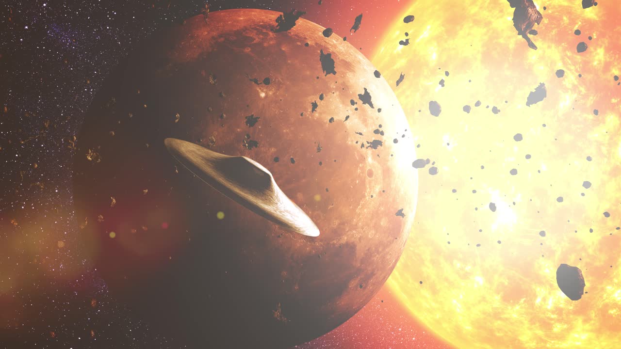 инопланетный космический корабль встречается вблизи красной планеты и солнца