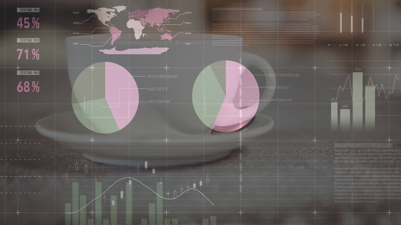 animación del procesamiento de datos estadísticos contra el primer plano de una taza de café en una tableta