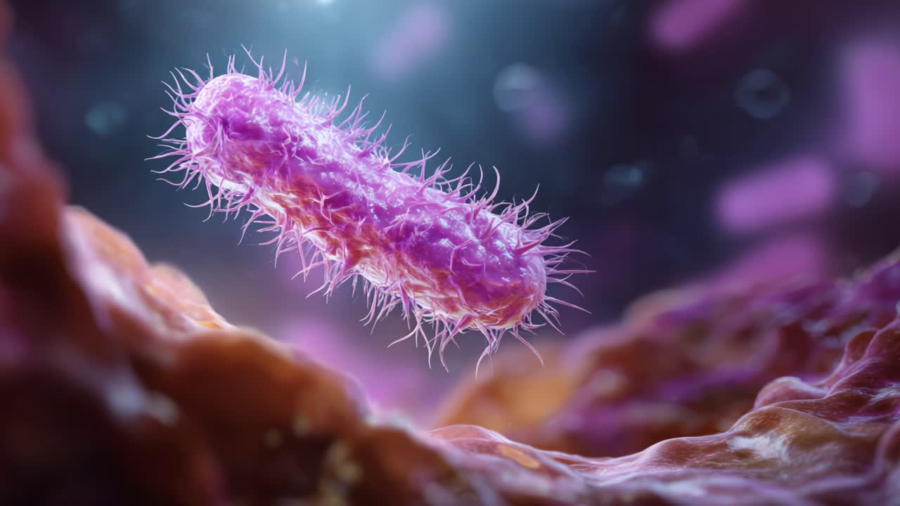 Microscopic View of a Bacterium with Unique Characteristics Floating in a Vibrant Cell Environment, Showcasing Its Textured Surface and Cellular Interaction