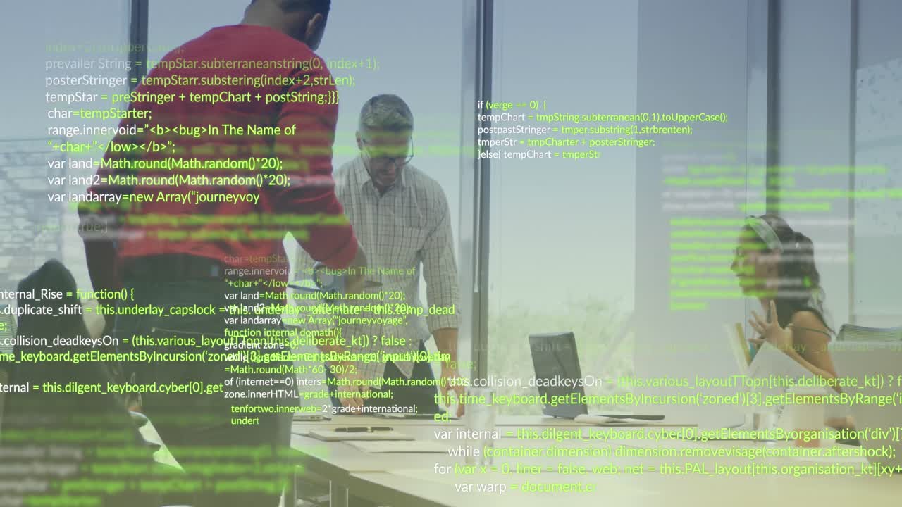 사무실에서 일하는 다양한 비즈니스 사람들에 대한 데이터 처리의 애니메이션