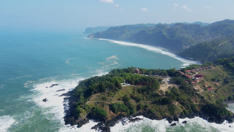 Beautiful-aerial-shot-of-Menganti-Beach,-endless-horizon