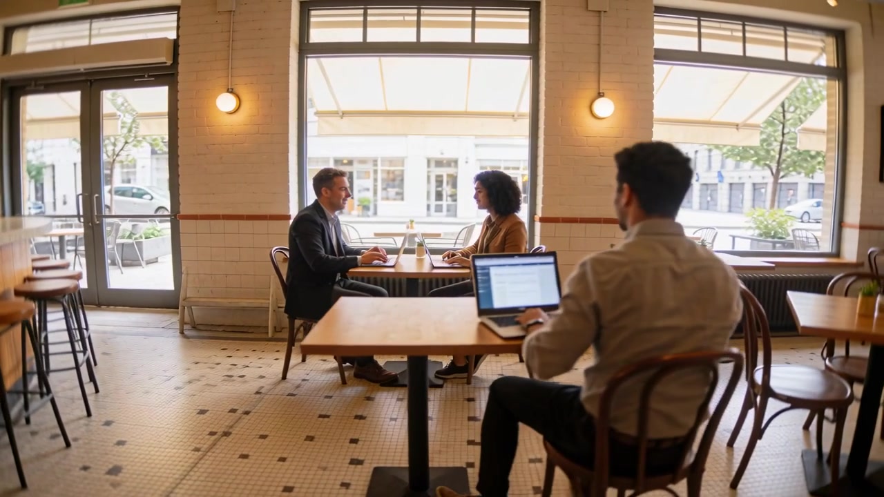 Kamera bergerak menyamping, pria dan wanita berjas mengenakan blazer cokelat muda sedang mendiskusikan pekerjaan, mengetik di dekat jendela kafe, dengan laptop.