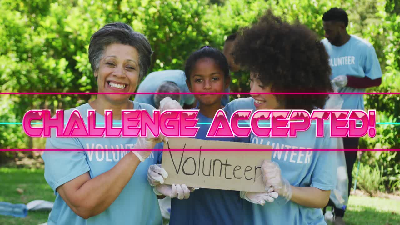 Animation of challenge accepted text over african american family