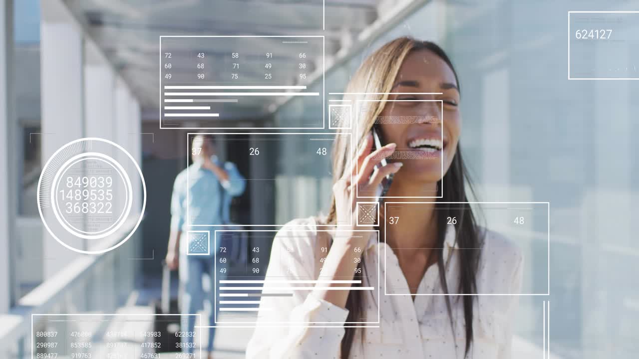 Woman walking glass bridge towing suitcase taking business call camera closing showing UI overlays