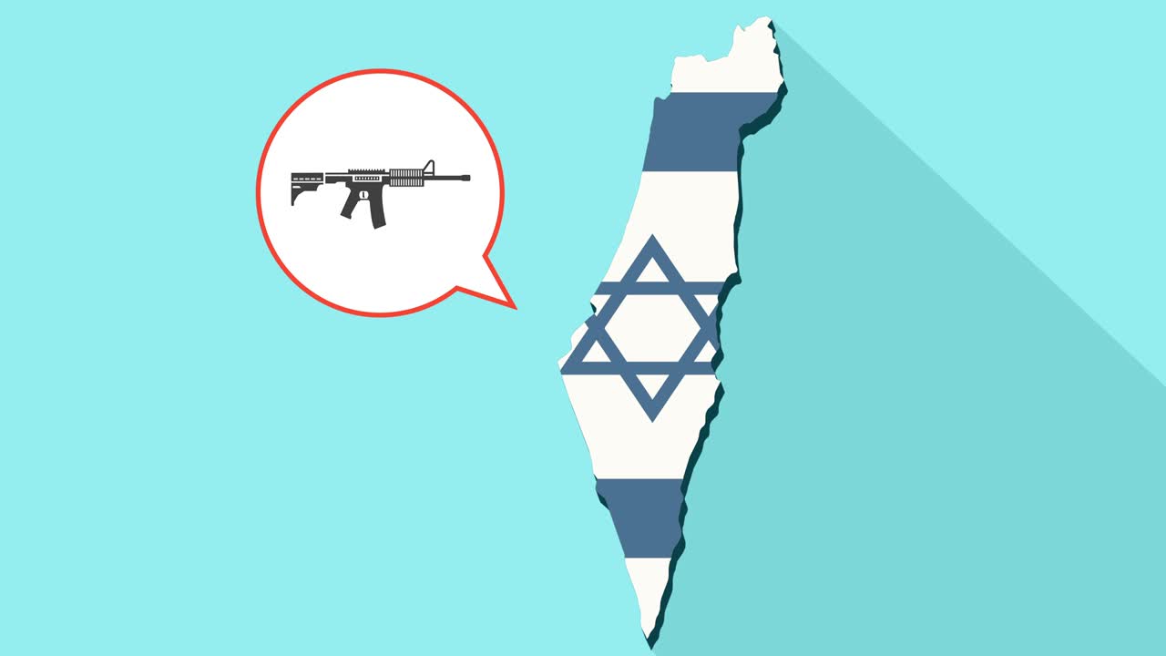 긴 그림자 이스라엘 지도와 그 발과 소총 표지판을 가진 만화 풍선의 애니메이션