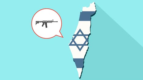 animation of a long shadow israel map with its flag and a comic balloon with a rifle sign