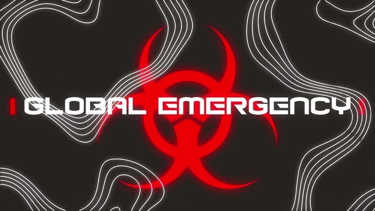 Animation of global emergency text over warning grid on black background