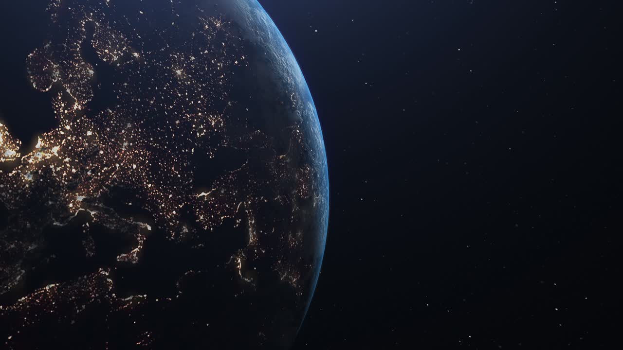 4k 지구: 밤에서 낮까지 - 현실적인 지구: 우주에서 도시 불빛과 해가 뜨는 모습 - 우주에서 회전하는 영화적 현실적인 지구 - 밤에 지구 행성 - 우주에서 볼 수 있는 유럽 - 안정적이고 회전하는 세계 - 왼쪽에 있는 유럽의 야간 전망.