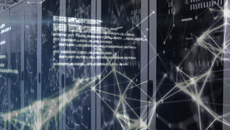 data processing and white web connections over room of screens