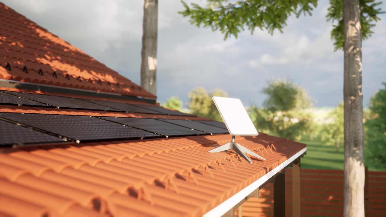 지붕에 태양광 패널과 위성 인터넷이 있는 현대적인 집