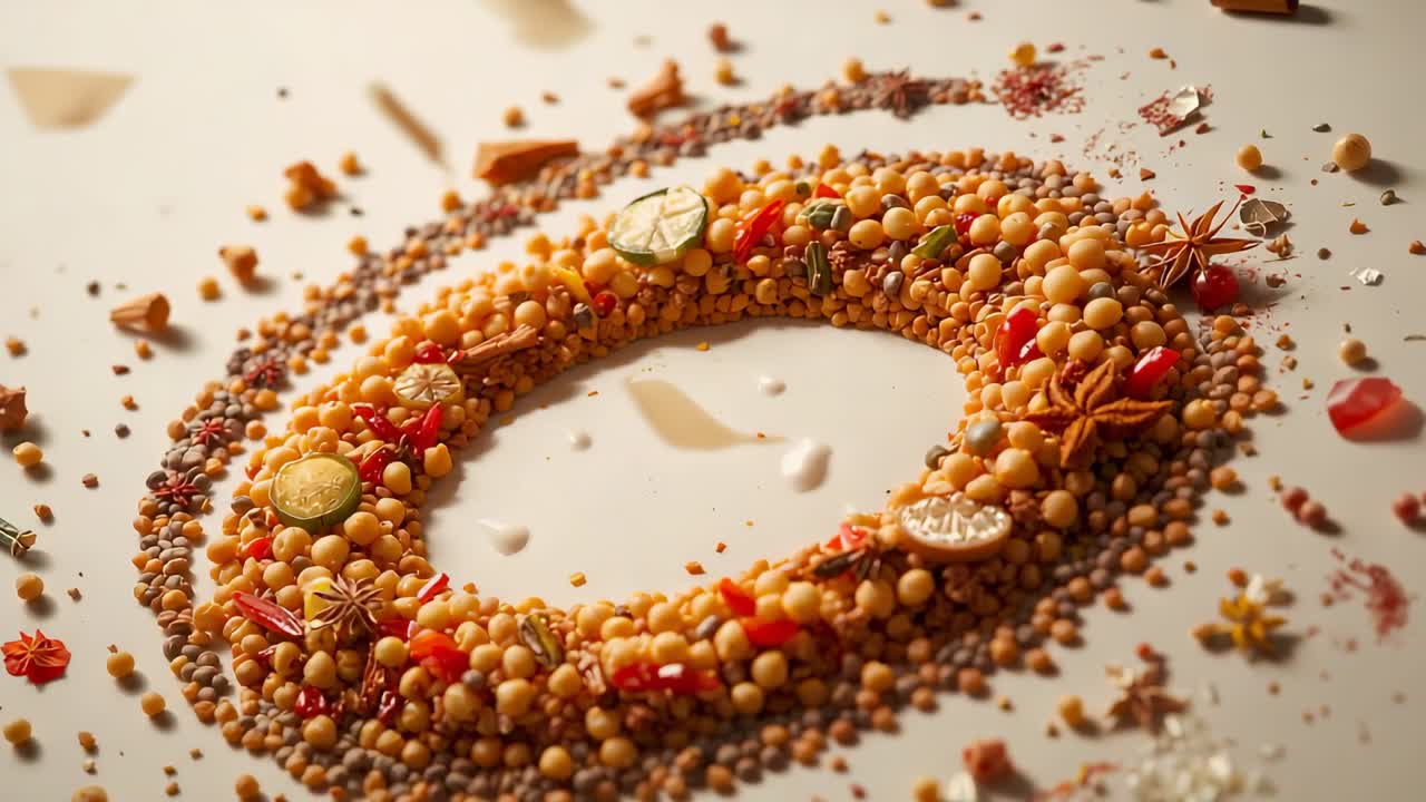 Moving camera revealing ring of legumes and spices on pale tabletop, showing citrus and cinnamon