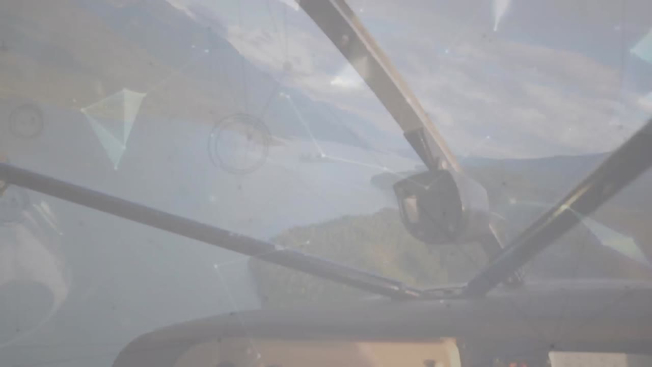 animación de una red de iconos de perfil y redes de plexo sobre la cabina de un avión que vuela en el cielo