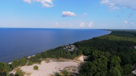Aerial Drone Footage of Plienciems White Dune in Latvia on a Sunny Summer Day. Scenic Baltic Sea Bay Views, Peaceful Nature, and Coastal Landscape Captured in Cinematic Quality