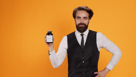 fine dining butler holds vitamins jar