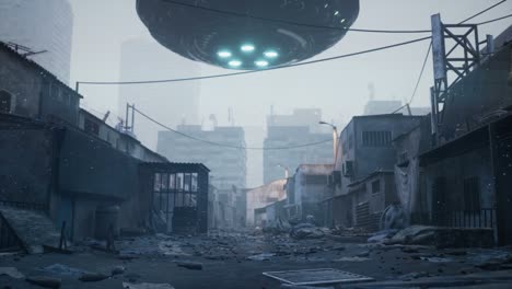 a flying saucer flies over a deserted city and aliens land in the middle of abandoned shacks. a desolate planet after the apocalypse. the animation is ideal for apocalyptic, sci-fi, space backgrounds.