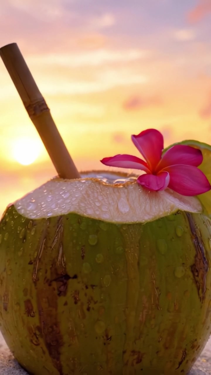 Una rinfrescante bevanda tropicale al cocco, impreziosita da un vivace fiore rosa e una fetta di lime, che cattura l'essenza del relax al tramonto in spiaggia.