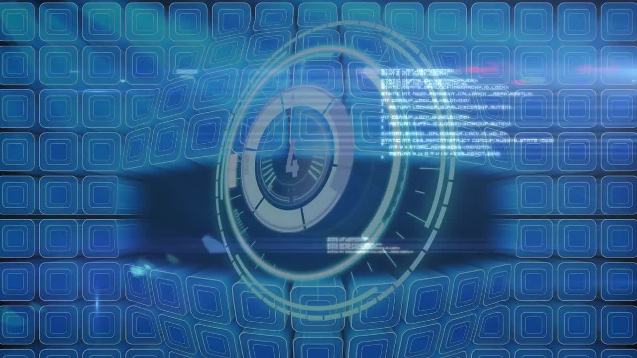 검은 바탕의 파란 사각형 위의 데이터 처리 및 안전 잠금의 애니메이션