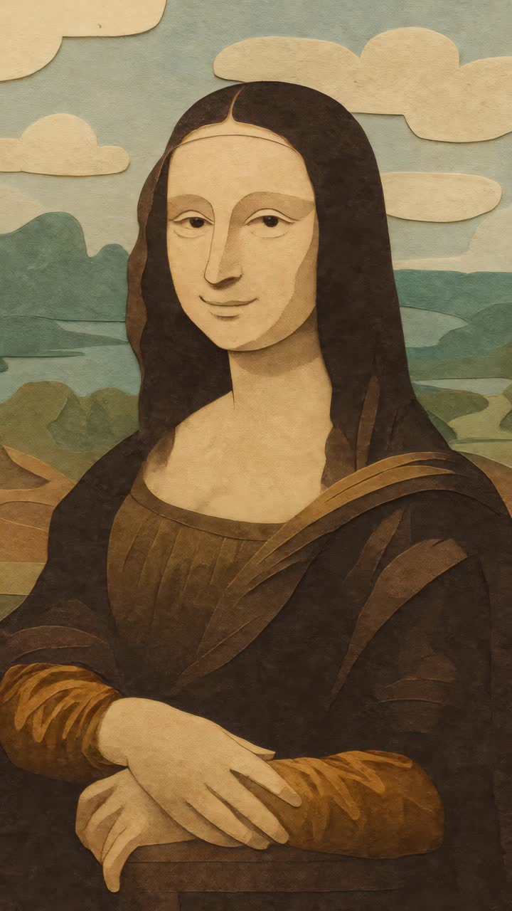 A video-style, front-facing portrait of a woman in a paper-cutout style, reminiscent of classic art