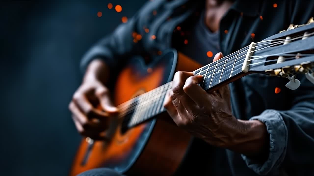 Un uomo che suona una chitarra acustica su uno sfondo scuro