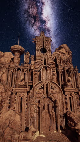 a fantasy stone castle under a milky way sky