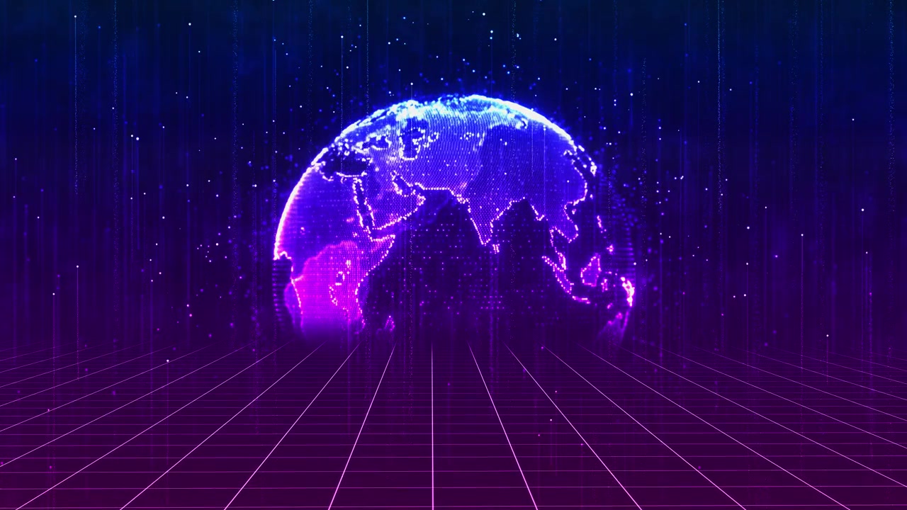 Neon world grid technology visual with purple blue earth glowing floor lines digital particles and