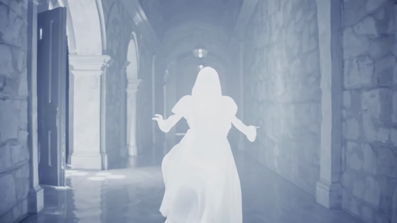 Eerie Ghost in a Dark Stone Hallway