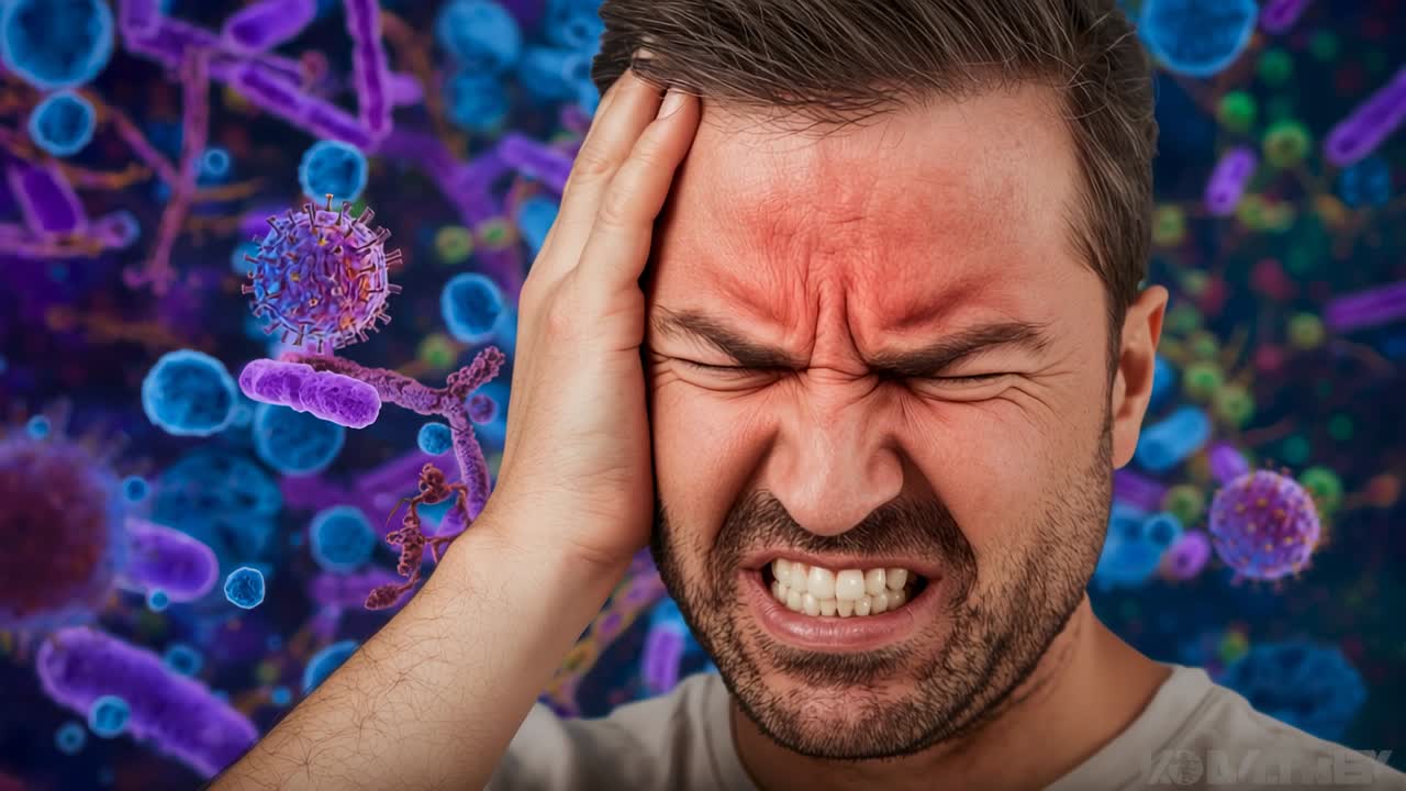 Reacting to virus and bacteria models, man pressing temple, grimacing with clenched teeth in studio