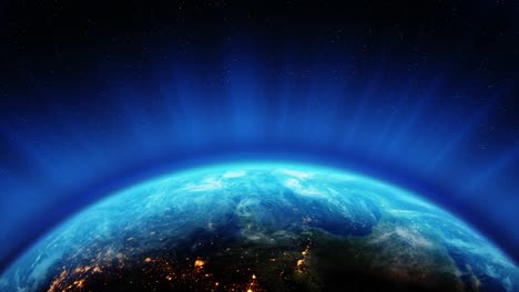 closeup view of blue earth space at night and day lights on planet