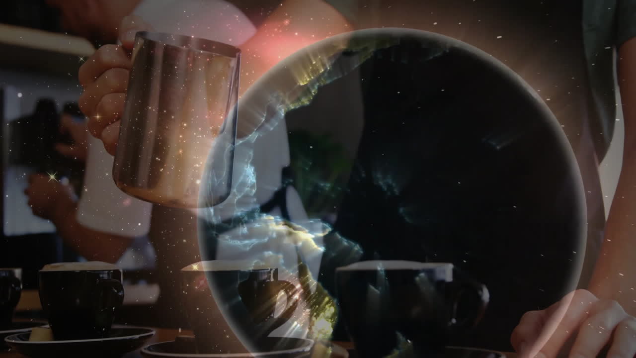 Barista pouring steamed milk into cup under technology globe overlay, customer leaning on counter