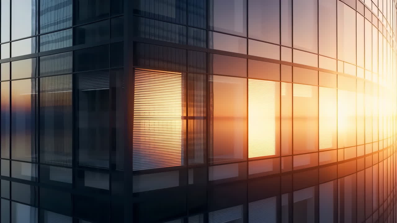 Modern Glass Building with Sunset Reflection