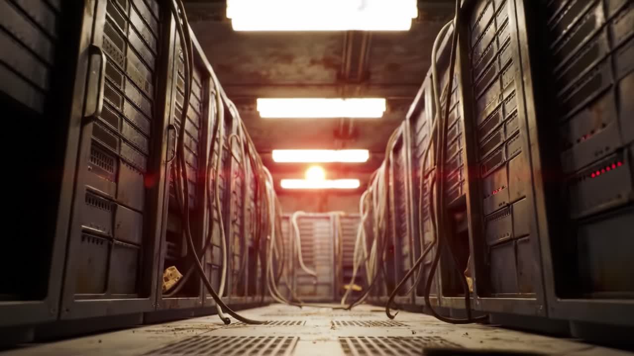 A stunning view of a futuristic data center, showcasing rows of servers under warm lighting. Cables hang loosely, adding to the immersive high-tech atmosphere.
