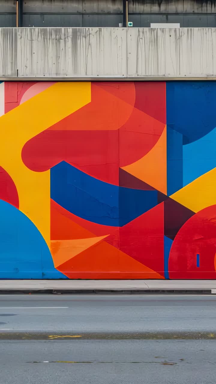 Vídeo vertical: câmera panorâmica movendo-se para a direita, passando por um viaduto na rodovia, revelando um mural chamativo e um anel