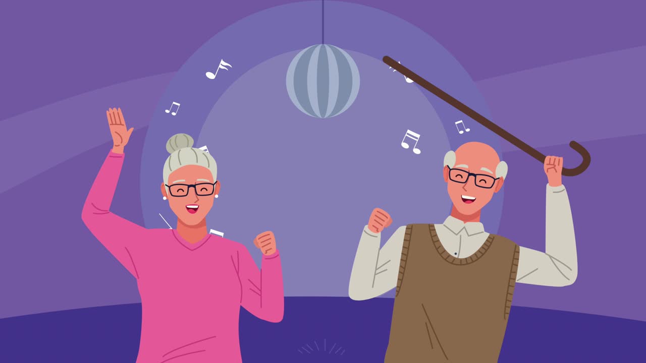 행복한 은 부부가 애니메이션 캐릭터를 축하하고 있습니다.