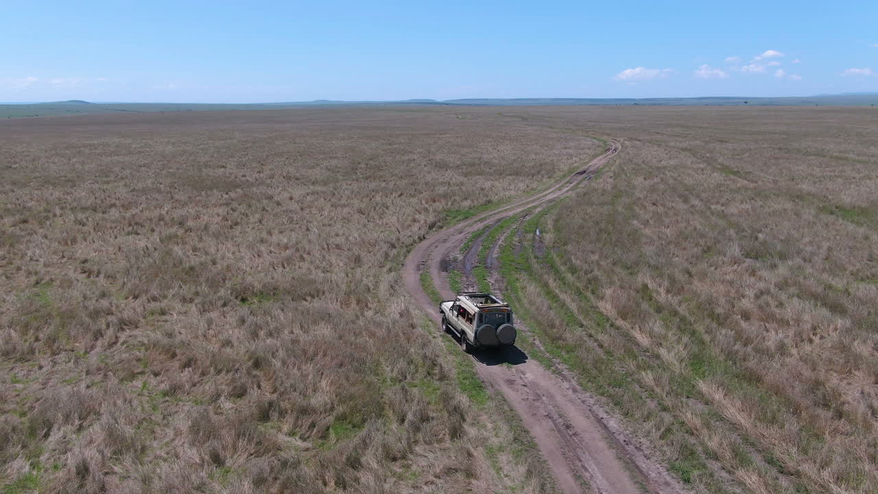 disparo de drones de vehículos todoterreno a través de pastizales en serengeti