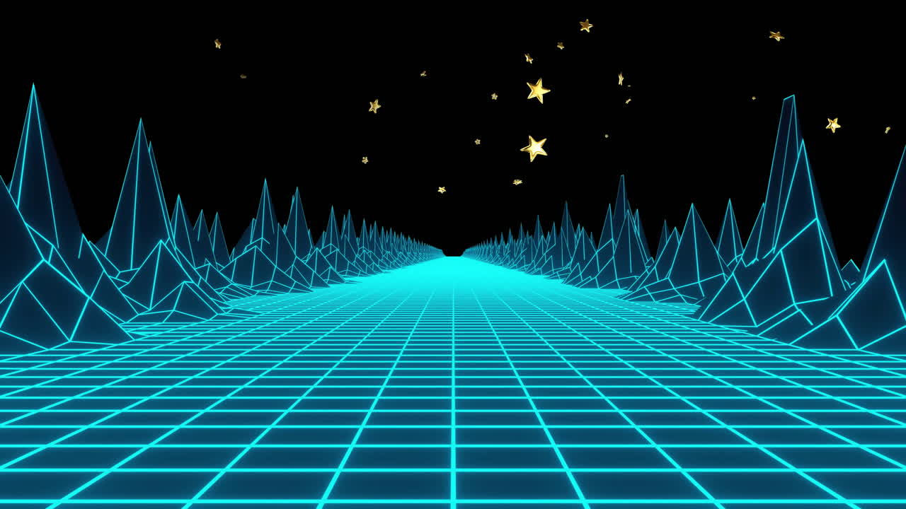 Linee al neon che formano un paesaggio a griglia con animazione di stelle cadenti