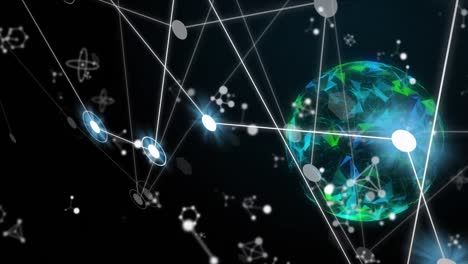 animation of connected dots and floating nucleotides with globe over abstract background