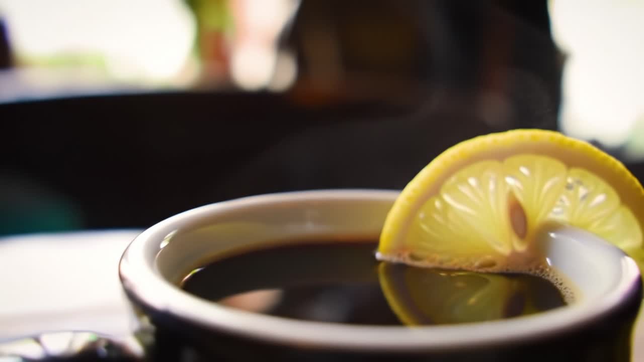 A Close-Up Look at a Warm Beverage with a Refreshing Slice of Lemon Floating on Top, Perfect for Enjoying a Cozy Moment or Gathering with Friends
