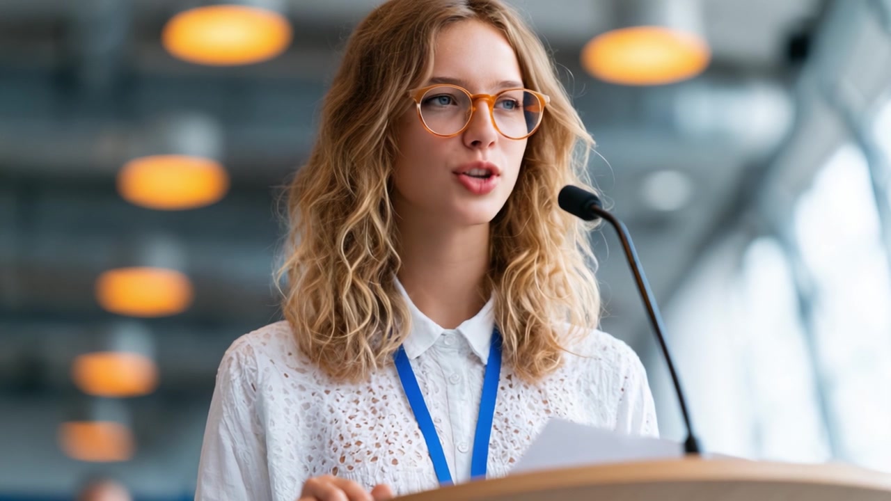 Engaging Speaker at a Conference: A Young Woman with Glasses and a White Blouse Addresses the Audience with Confidence and Enthusiasm in a Brightly Lit Venue