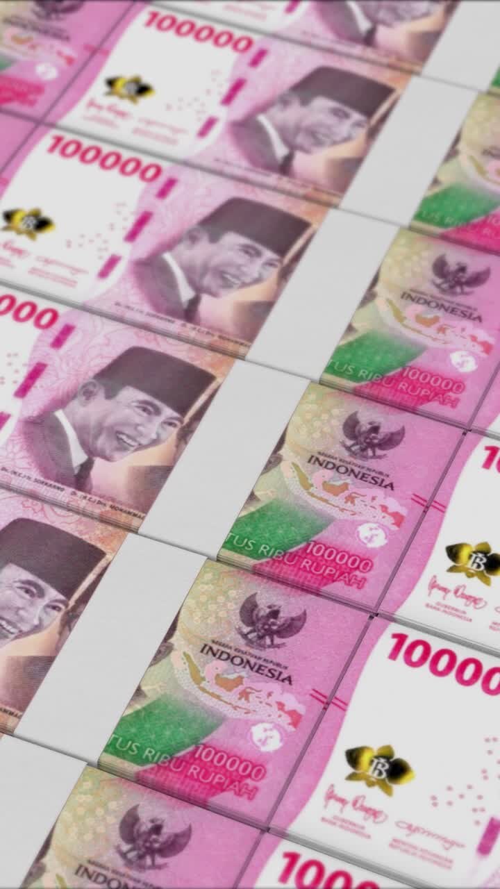 Vertical video of 100000 INDONESIAN RUPIAH banknotes printing by a money press