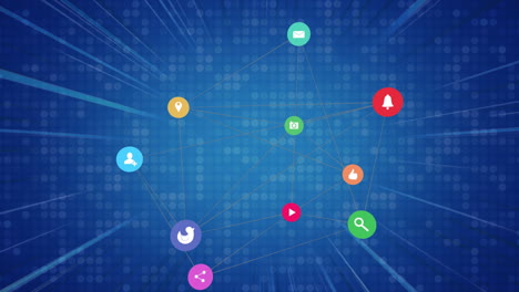 red de iconos digitales contra rastros de luz y cuadrados de mosaico sobre fondo azul